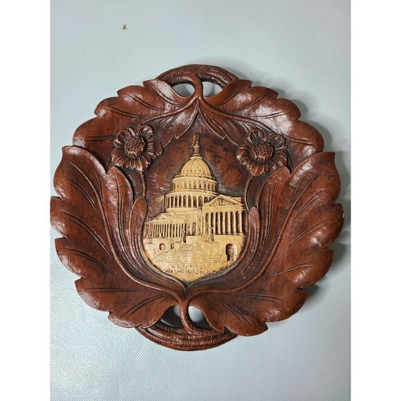 CAPSCO US Capitol Washington DC Carved Wood Plate Tray Collectible Souvenir 9" - Picture 1 of 6
